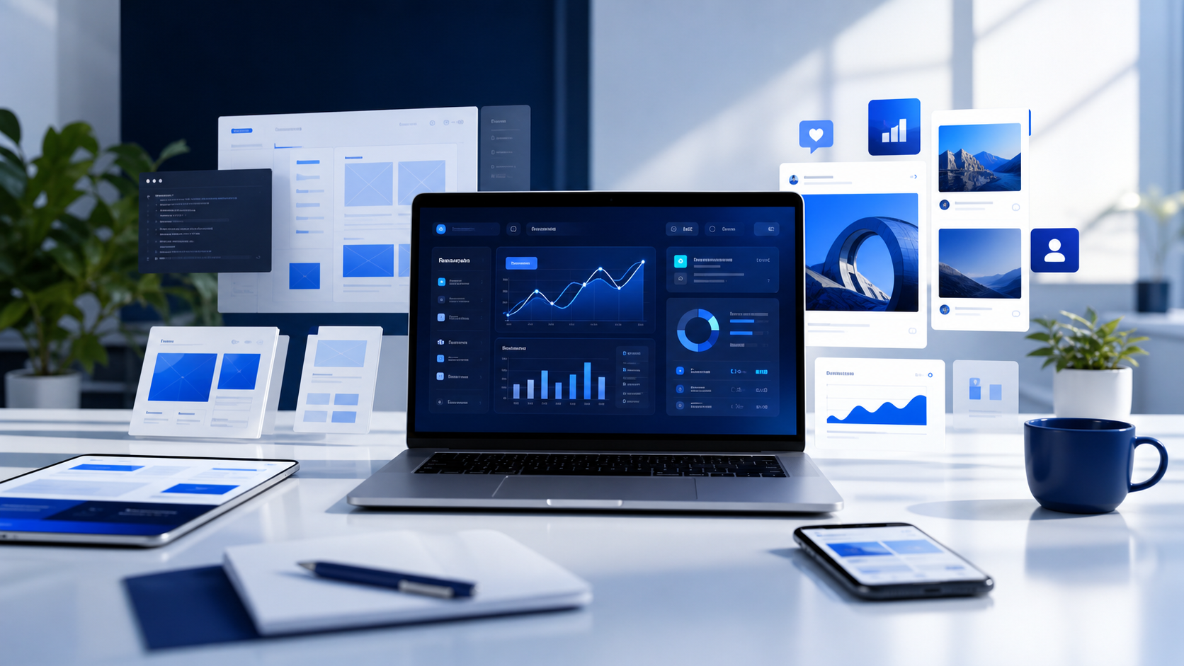 Postazione digitale moderna con dashboard, siti web e strumenti social